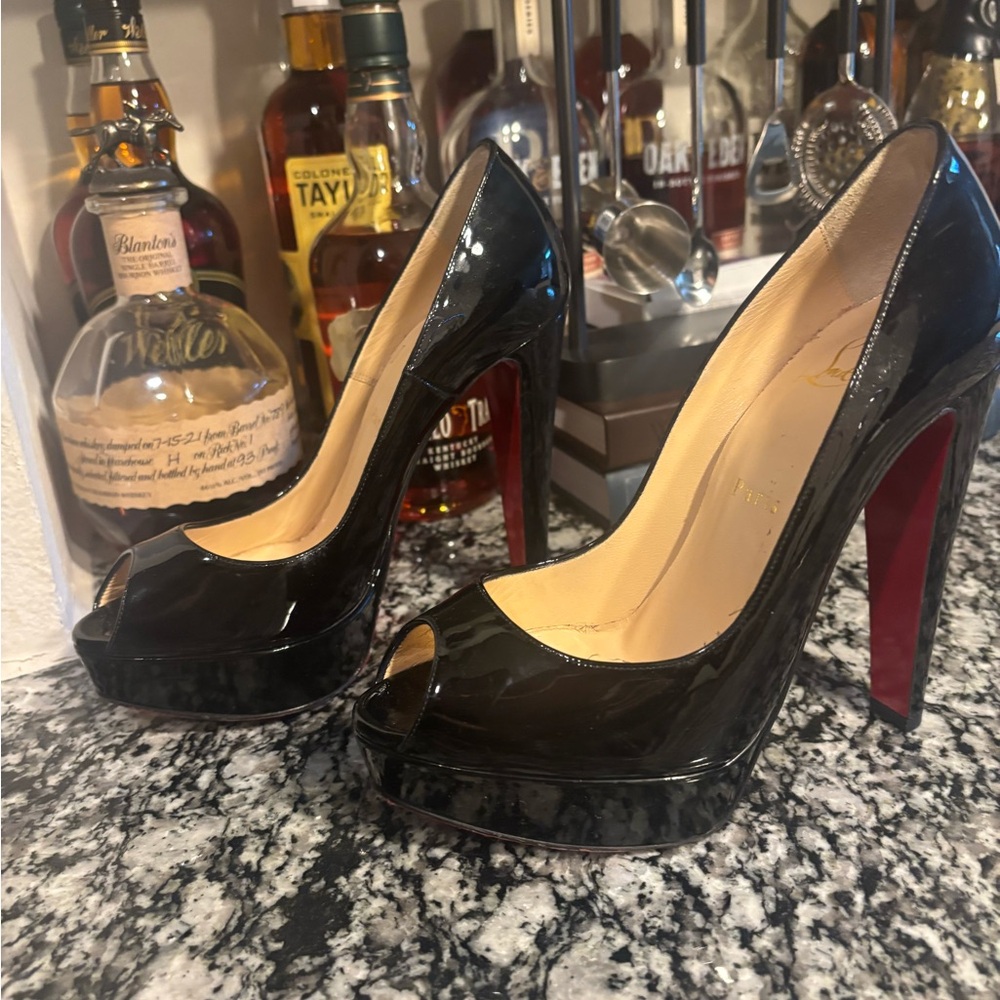 Christian Louboutin Black and Red Stiletto Peep Toe Heels